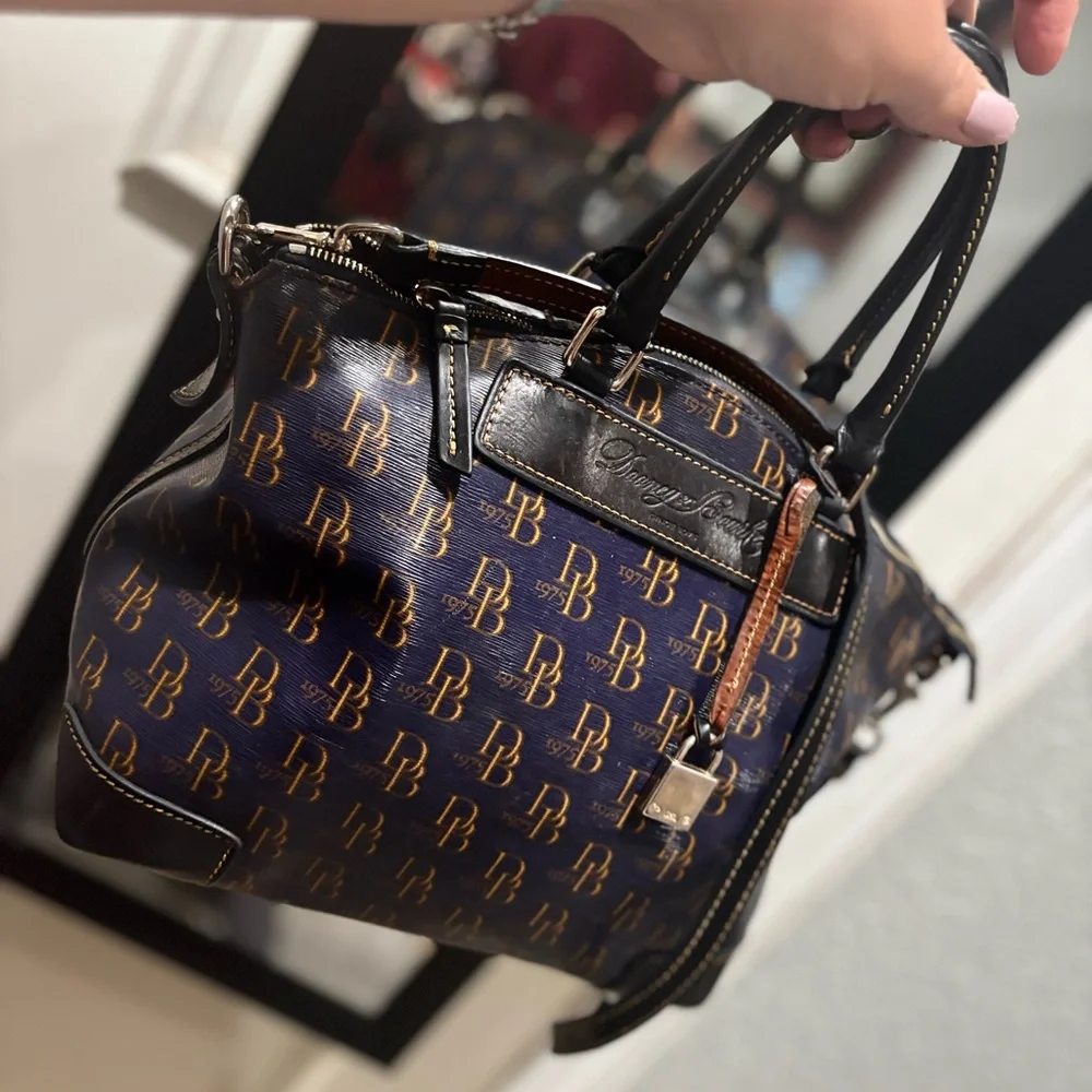 Dooney Bourke Monogram Pattern Navy and Brown Satchel Handbag - Picture 8 of 15